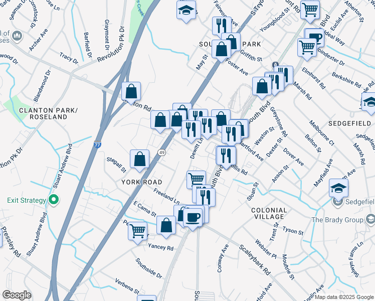 map of restaurants, bars, coffee shops, grocery stores, and more near 3642 Tryclan Drive in Charlotte