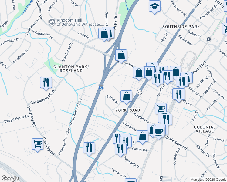 map of restaurants, bars, coffee shops, grocery stores, and more near 555 Bowman Road in Charlotte