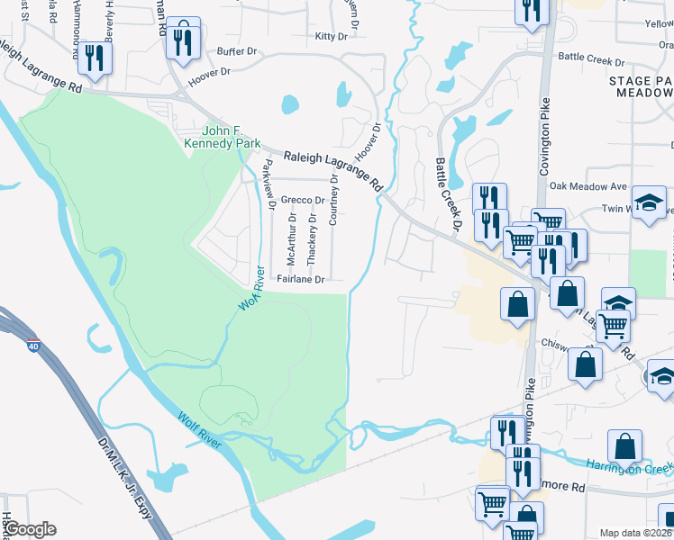 map of restaurants, bars, coffee shops, grocery stores, and more near 2535 Courtney Drive in Memphis