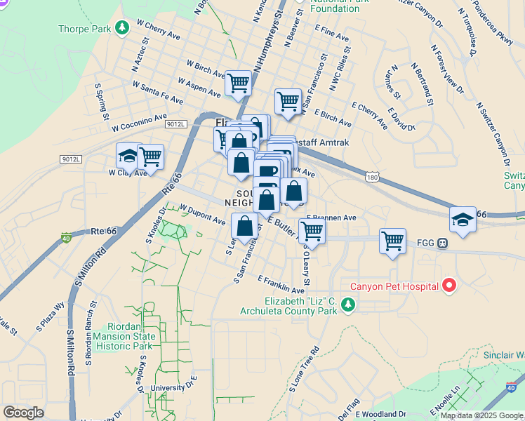 map of restaurants, bars, coffee shops, grocery stores, and more near 217 South San Francisco Street in Flagstaff