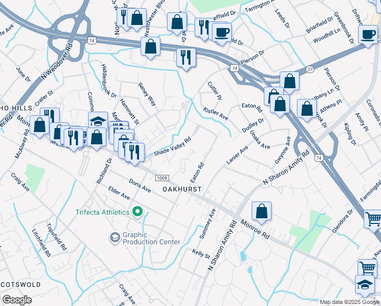 map of restaurants, bars, coffee shops, grocery stores, and more near 2320 Shade Valley Road in Charlotte