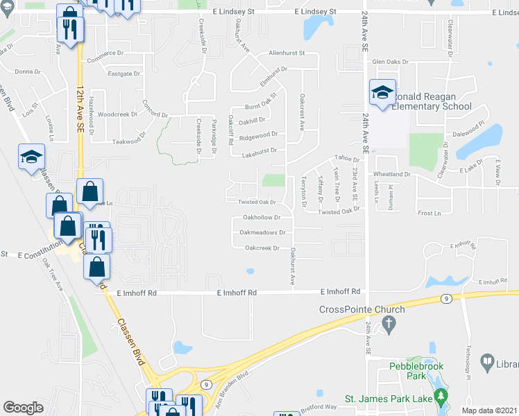 map of restaurants, bars, coffee shops, grocery stores, and more near 1914 Twisted Oak Drive in Norman