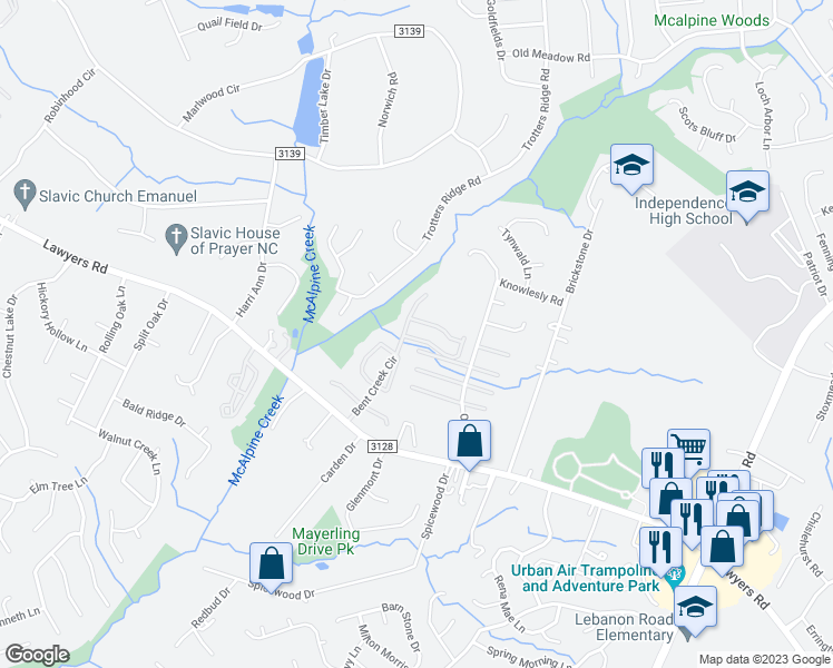 map of restaurants, bars, coffee shops, grocery stores, and more near 8623 Wandering Creek Way in Charlotte