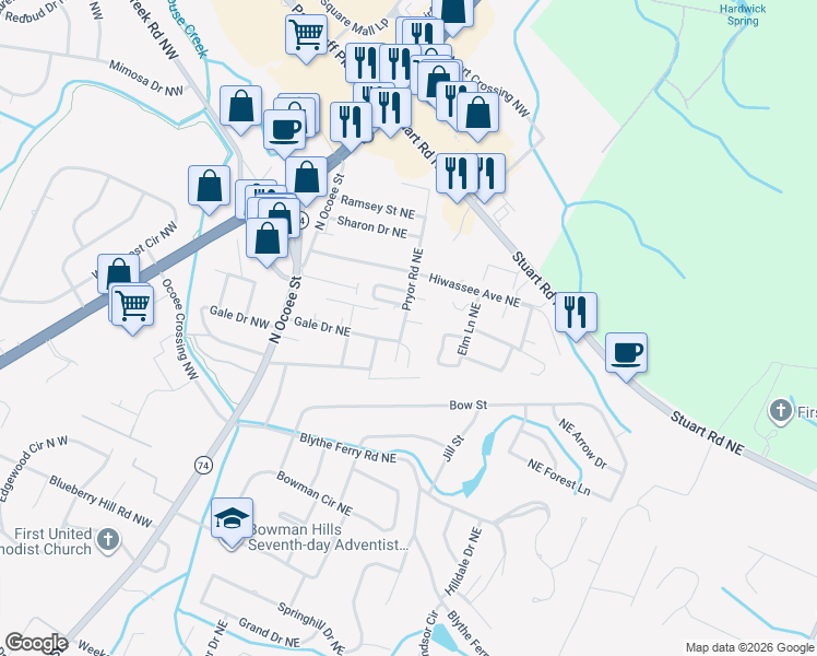 map of restaurants, bars, coffee shops, grocery stores, and more near 4160 Pryor Road Northeast in Cleveland