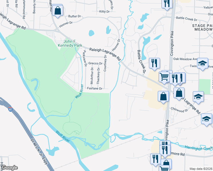 map of restaurants, bars, coffee shops, grocery stores, and more near 2535 Courtney Drive in Memphis
