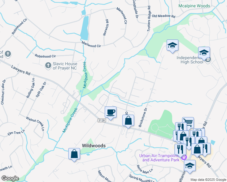 map of restaurants, bars, coffee shops, grocery stores, and more near 8619 Wandering Creek Way in Charlotte