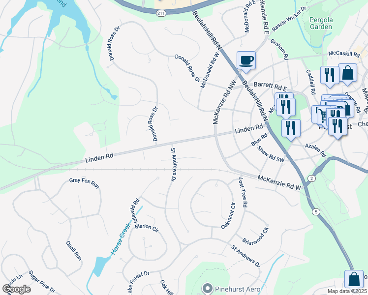 map of restaurants, bars, coffee shops, grocery stores, and more near 190 Linden Road in Pinehurst