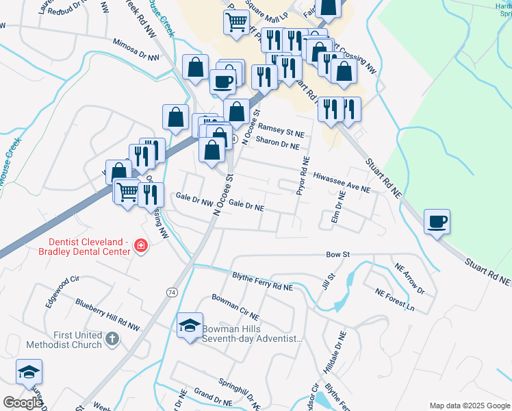 map of restaurants, bars, coffee shops, grocery stores, and more near 110 Courtyard Lane Northeast in Cleveland