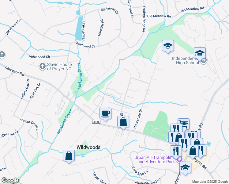 map of restaurants, bars, coffee shops, grocery stores, and more near 8708 Twined Creek Lane in Charlotte