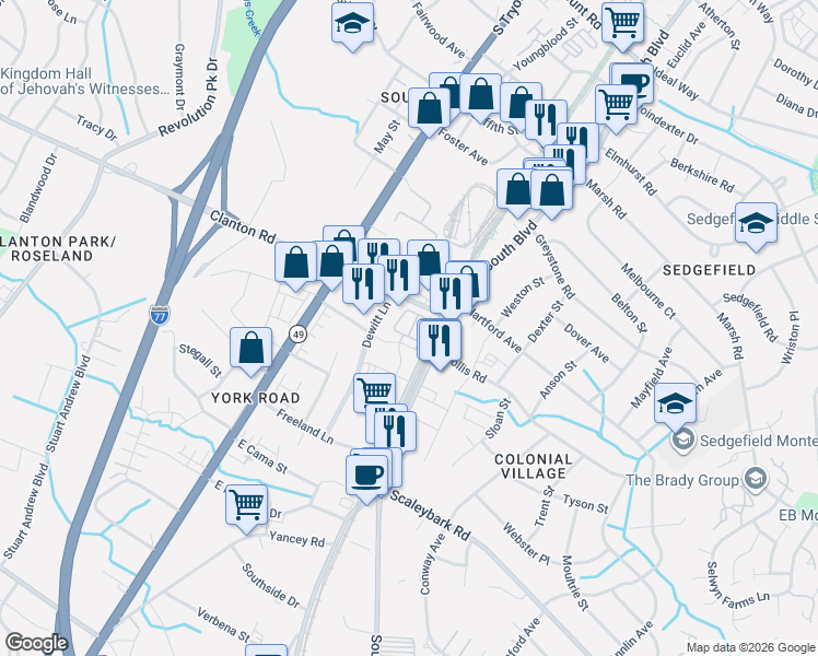 map of restaurants, bars, coffee shops, grocery stores, and more near in Charlotte