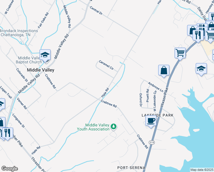 map of restaurants, bars, coffee shops, grocery stores, and more near 8021 Hale Road in Middle Valley