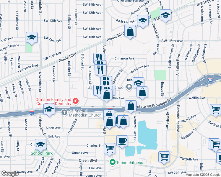 map of restaurants, bars, coffee shops, grocery stores, and more near 1822 Mustang Street in Amarillo