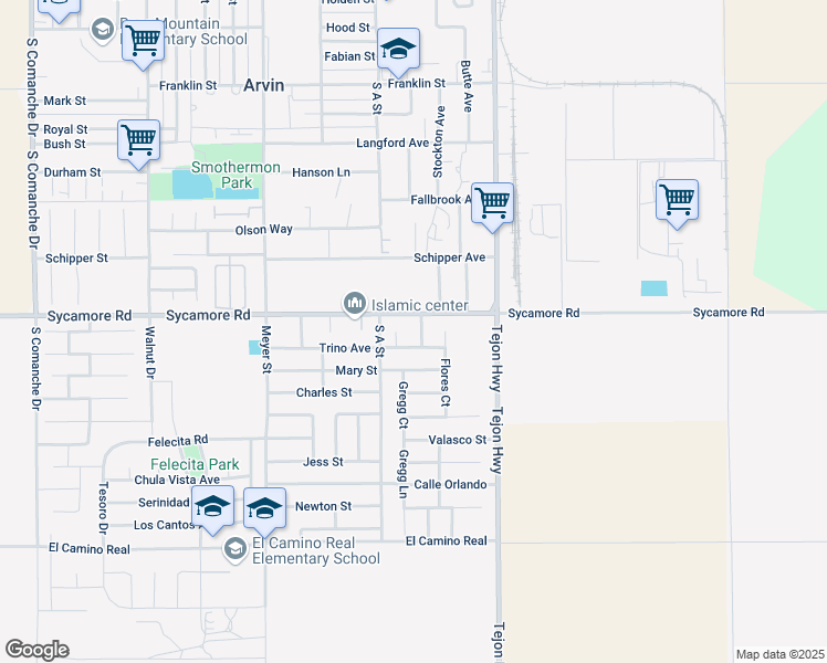 map of restaurants, bars, coffee shops, grocery stores, and more near 1705 Honesto Street in Arvin