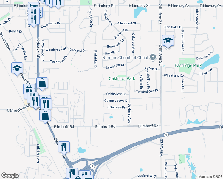 map of restaurants, bars, coffee shops, grocery stores, and more near 1906 Twisted Oak Drive in Norman