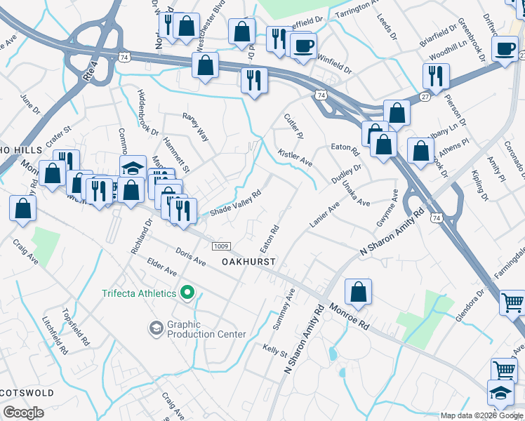 map of restaurants, bars, coffee shops, grocery stores, and more near 2320 Shade Valley Road in Charlotte