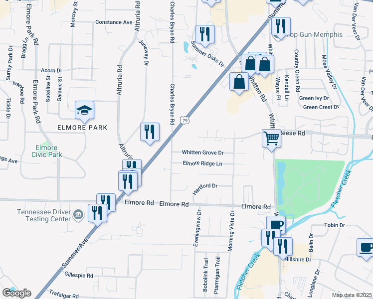 map of restaurants, bars, coffee shops, grocery stores, and more near 6551 Summer Avenue in Memphis
