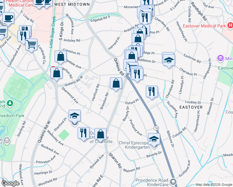 map of restaurants, bars, coffee shops, grocery stores, and more near 2312 Pembroke Avenue in Charlotte
