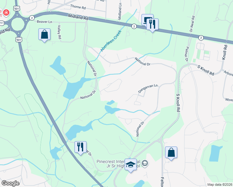 map of restaurants, bars, coffee shops, grocery stores, and more near 60 Cochran Castle Circle in Pinehurst