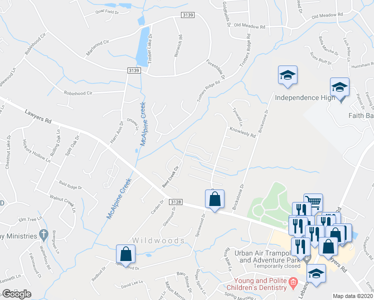 map of restaurants, bars, coffee shops, grocery stores, and more near 8649 Wandering Creek Way in Charlotte