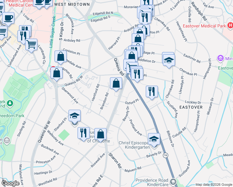 map of restaurants, bars, coffee shops, grocery stores, and more near 1530 Queens Road in Charlotte