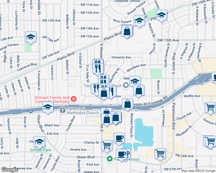 map of restaurants, bars, coffee shops, grocery stores, and more near 1822 Mustang Street in Amarillo