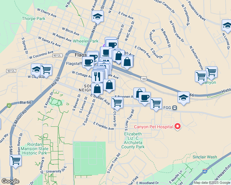 map of restaurants, bars, coffee shops, grocery stores, and more near 319 East Cottage Avenue in Flagstaff