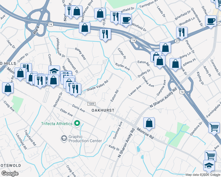 map of restaurants, bars, coffee shops, grocery stores, and more near 2320 Shade Valley Road in Charlotte