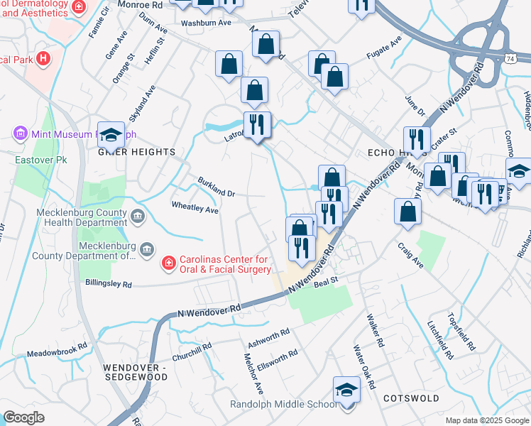 map of restaurants, bars, coffee shops, grocery stores, and more near 823 Villa Court in Charlotte