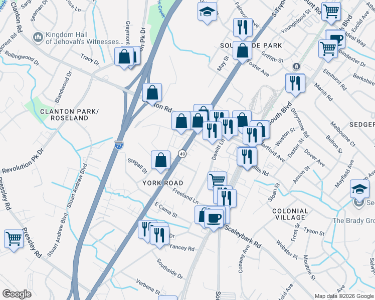 map of restaurants, bars, coffee shops, grocery stores, and more near in Charlotte