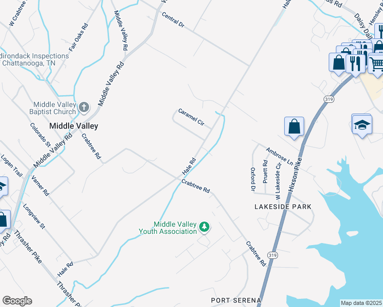 map of restaurants, bars, coffee shops, grocery stores, and more near 8021 Hale Road in Middle Valley