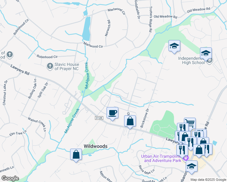 map of restaurants, bars, coffee shops, grocery stores, and more near 5718 Bent Creek Circle in Charlotte