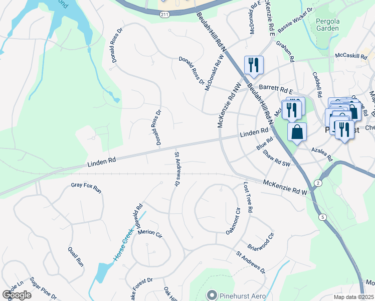 map of restaurants, bars, coffee shops, grocery stores, and more near 190 Linden Road in Pinehurst