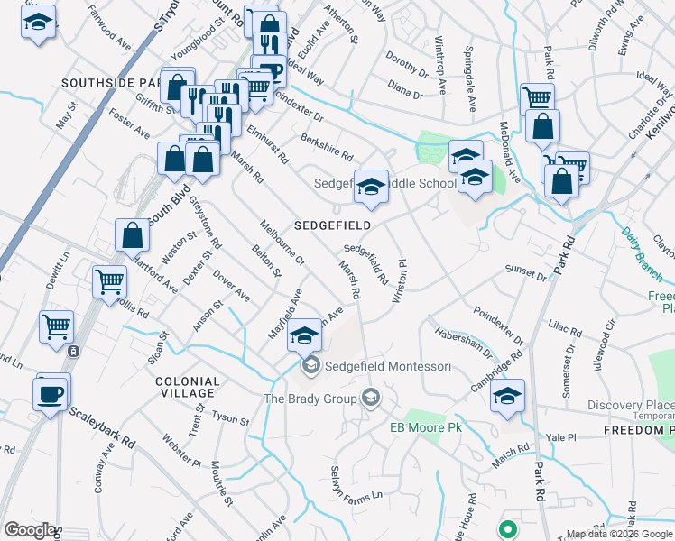 map of restaurants, bars, coffee shops, grocery stores, and more near 613 Marsh Road in Charlotte