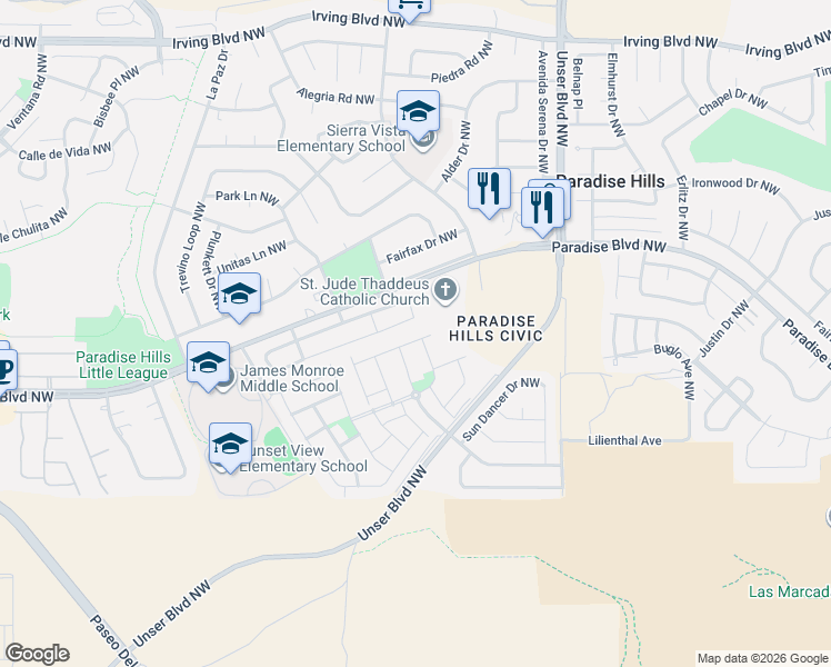 map of restaurants, bars, coffee shops, grocery stores, and more near 9700 Baby Deena Street Northwest in Albuquerque