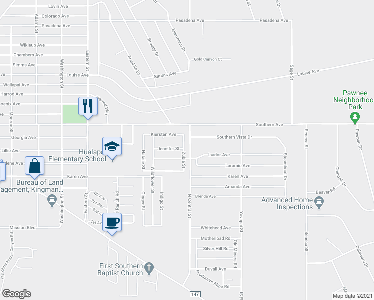 map of restaurants, bars, coffee shops, grocery stores, and more near 2438 Zubia Street in Kingman