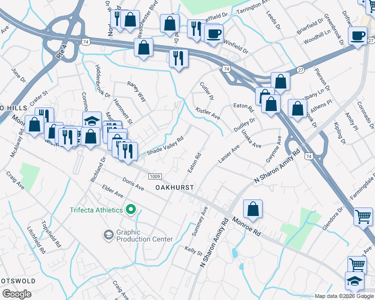 map of restaurants, bars, coffee shops, grocery stores, and more near 2320 Shade Valley Road in Charlotte