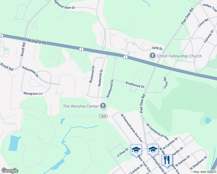 map of restaurants, bars, coffee shops, grocery stores, and more near 156 Knollwood Drive in Southern Pines