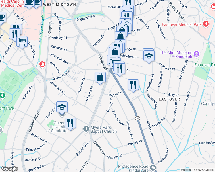 map of restaurants, bars, coffee shops, grocery stores, and more near in Charlotte
