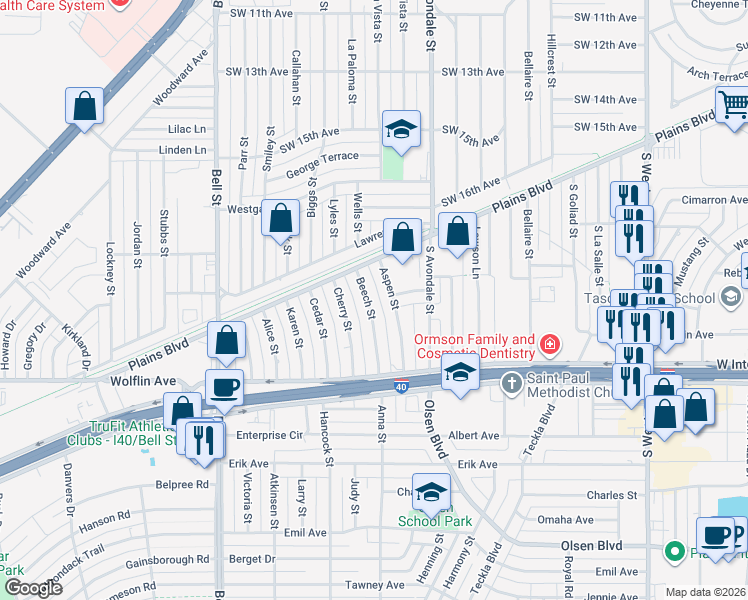 map of restaurants, bars, coffee shops, grocery stores, and more near 5110 James Avenue in Amarillo