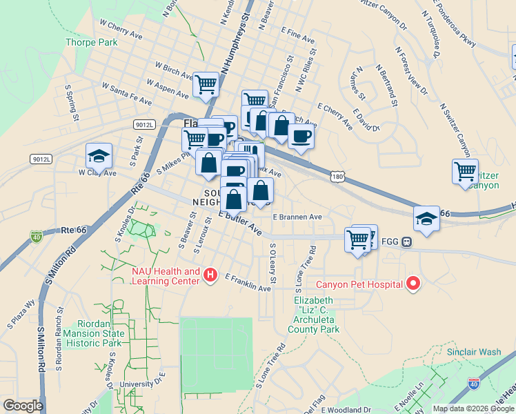 map of restaurants, bars, coffee shops, grocery stores, and more near 106 South WC Riles Drive in Flagstaff