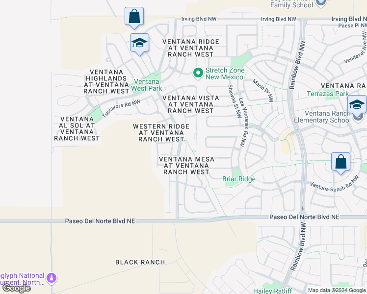 map of restaurants, bars, coffee shops, grocery stores, and more near 10019 Cerro Largo Place Northwest in Albuquerque