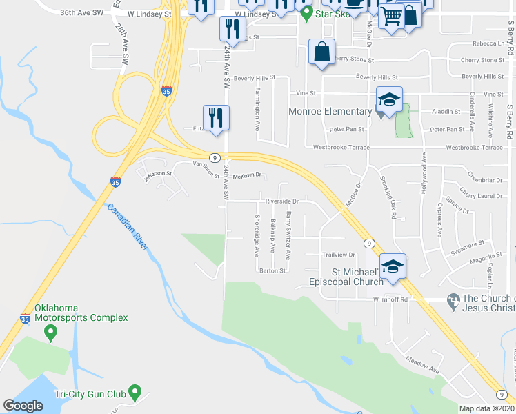 map of restaurants, bars, coffee shops, grocery stores, and more near 2603 Shoreridge Avenue in Norman