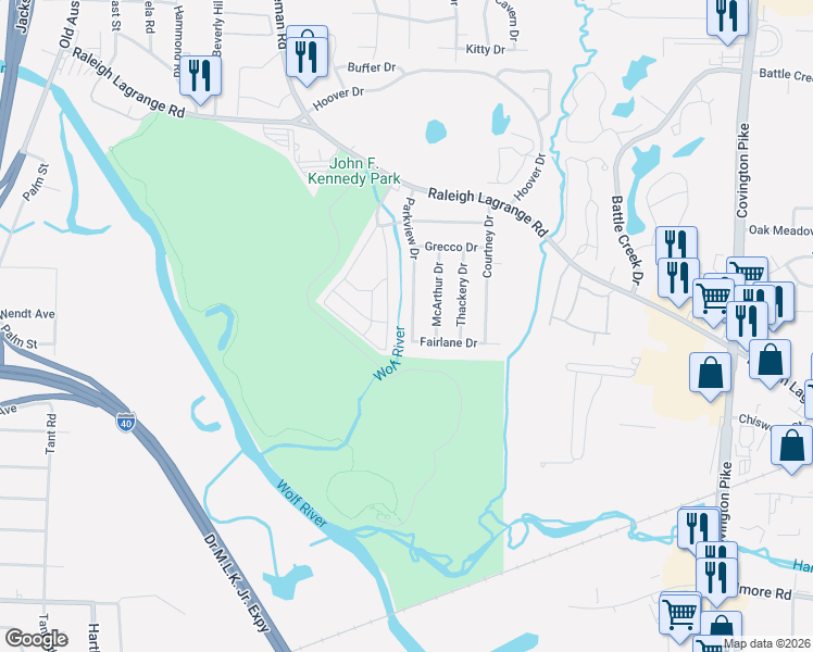 map of restaurants, bars, coffee shops, grocery stores, and more near 2525 Parkview Drive in Memphis