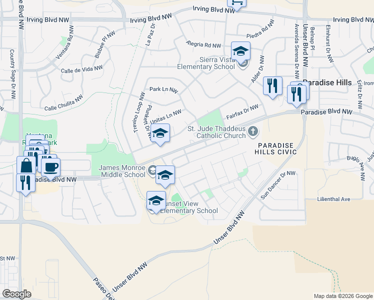 map of restaurants, bars, coffee shops, grocery stores, and more near 5935 Ermemin Avenue Northwest in Albuquerque