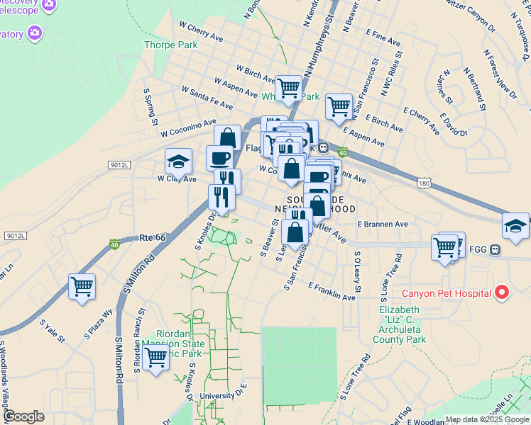 map of restaurants, bars, coffee shops, grocery stores, and more near 224 South Humphreys Street in Flagstaff