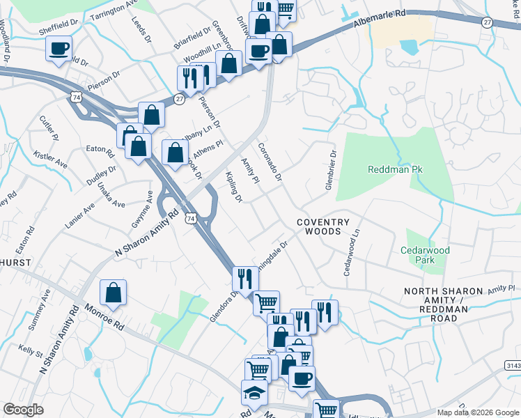 map of restaurants, bars, coffee shops, grocery stores, and more near in Charlotte