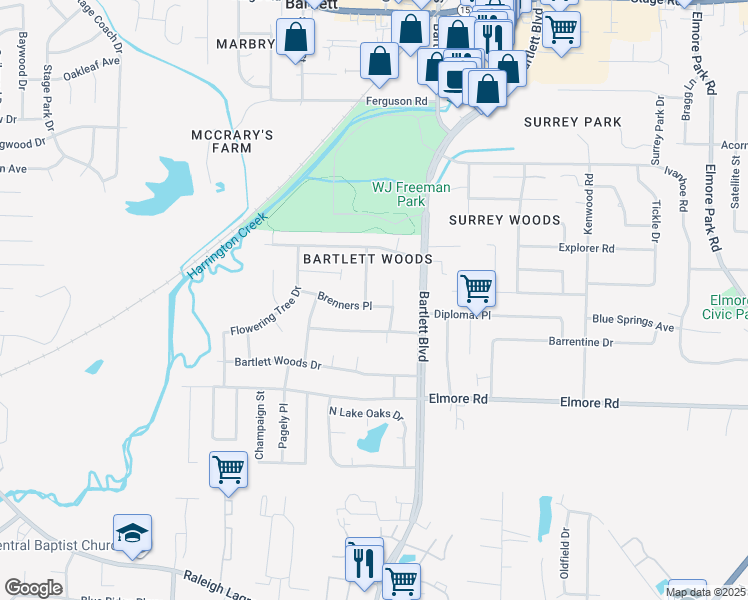 map of restaurants, bars, coffee shops, grocery stores, and more near 2527 Doe Run Lane in Bartlett