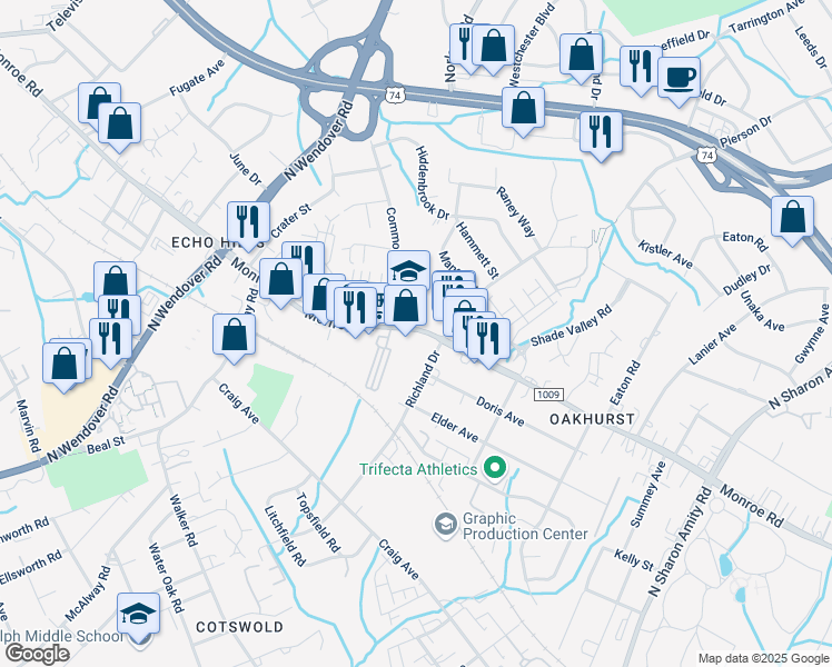 map of restaurants, bars, coffee shops, grocery stores, and more near 4522 Monroe Road in Charlotte