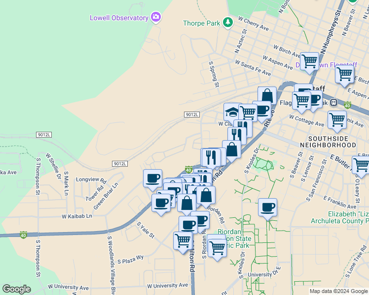 map of restaurants, bars, coffee shops, grocery stores, and more near 75 West Kaibab Lane in Flagstaff