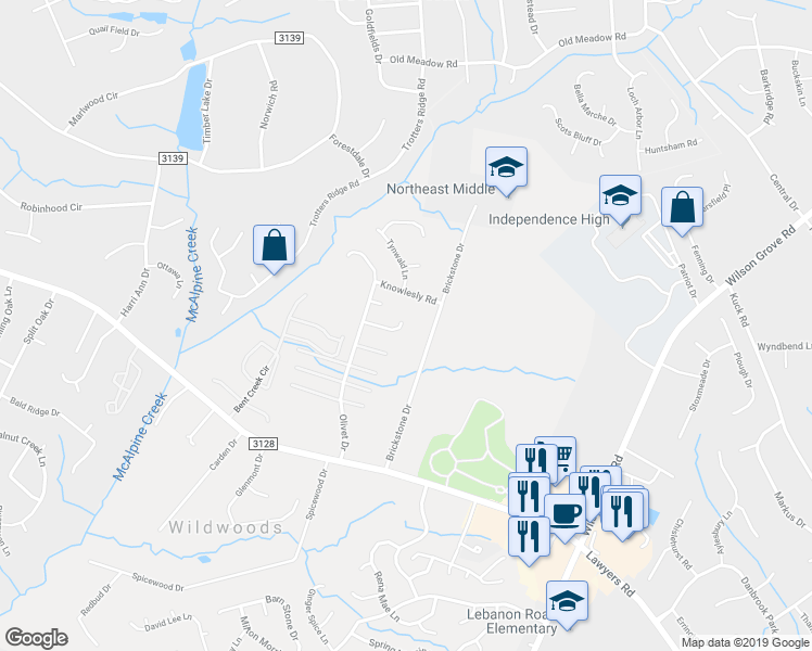 map of restaurants, bars, coffee shops, grocery stores, and more near 8642 Newgrass Lane in Charlotte